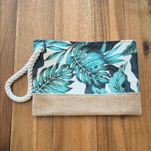 Tropical Leaf Print Clutch with Rope Handle